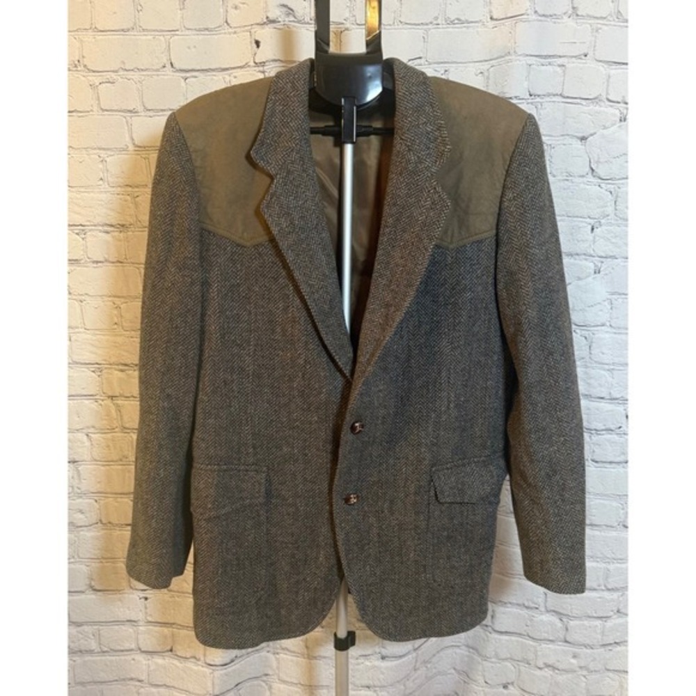 Pendleton Mens Grey Herringbone Wool Western Blazer Suede Yoke Elbow Patches 40L
